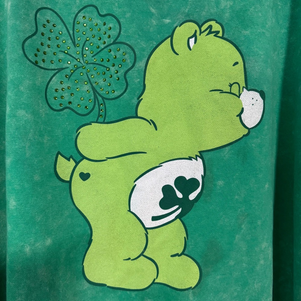 Care Bears Good Luck Bear Green Acid Wash Rhinestone Sweatshirt XL